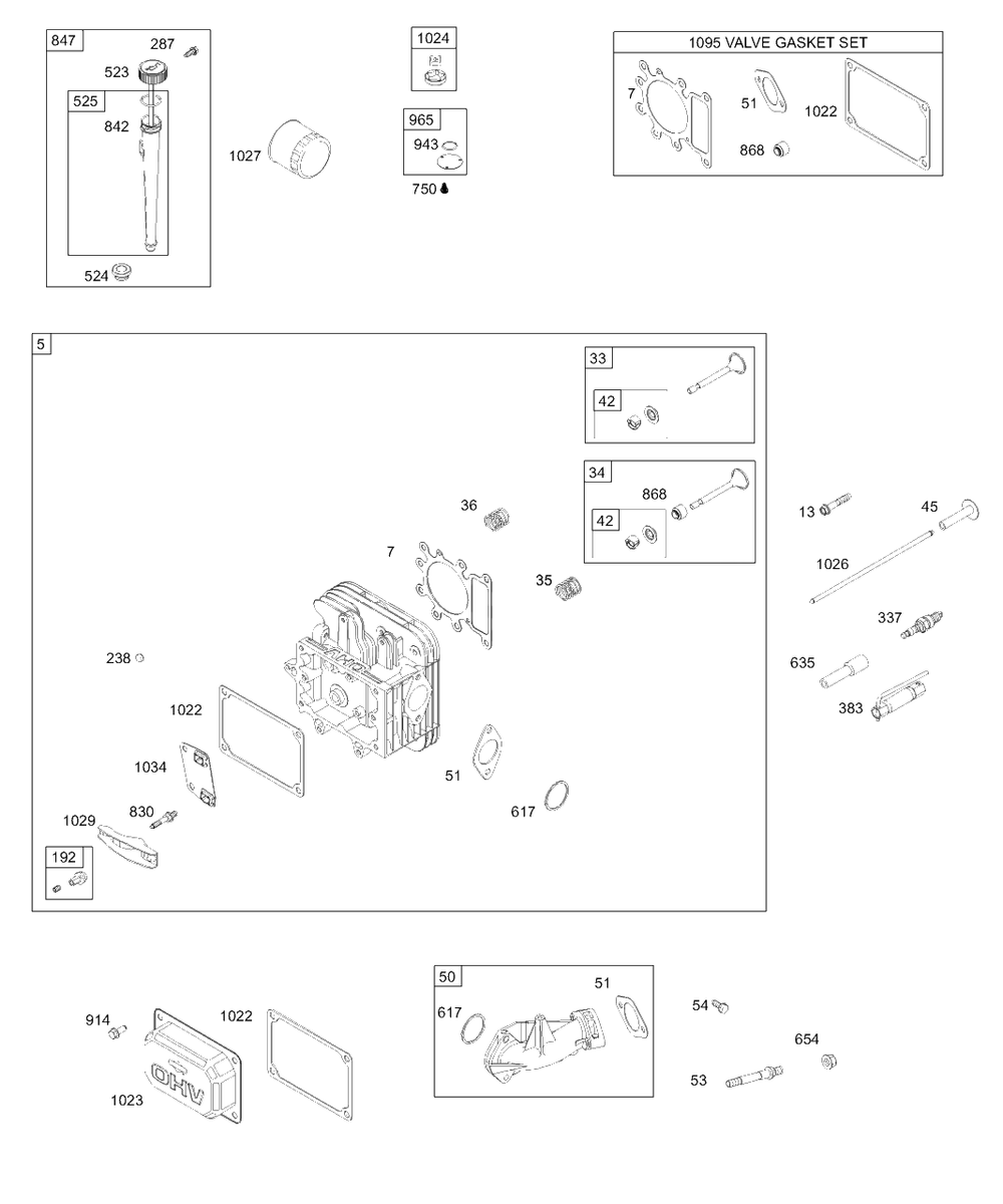 Cylinder Head Group, Intake Manifold, Oil Group, Valve Gasket Kit Diagram and Parts List for 28W707-0122-XX  Briggs and Stratton Engine